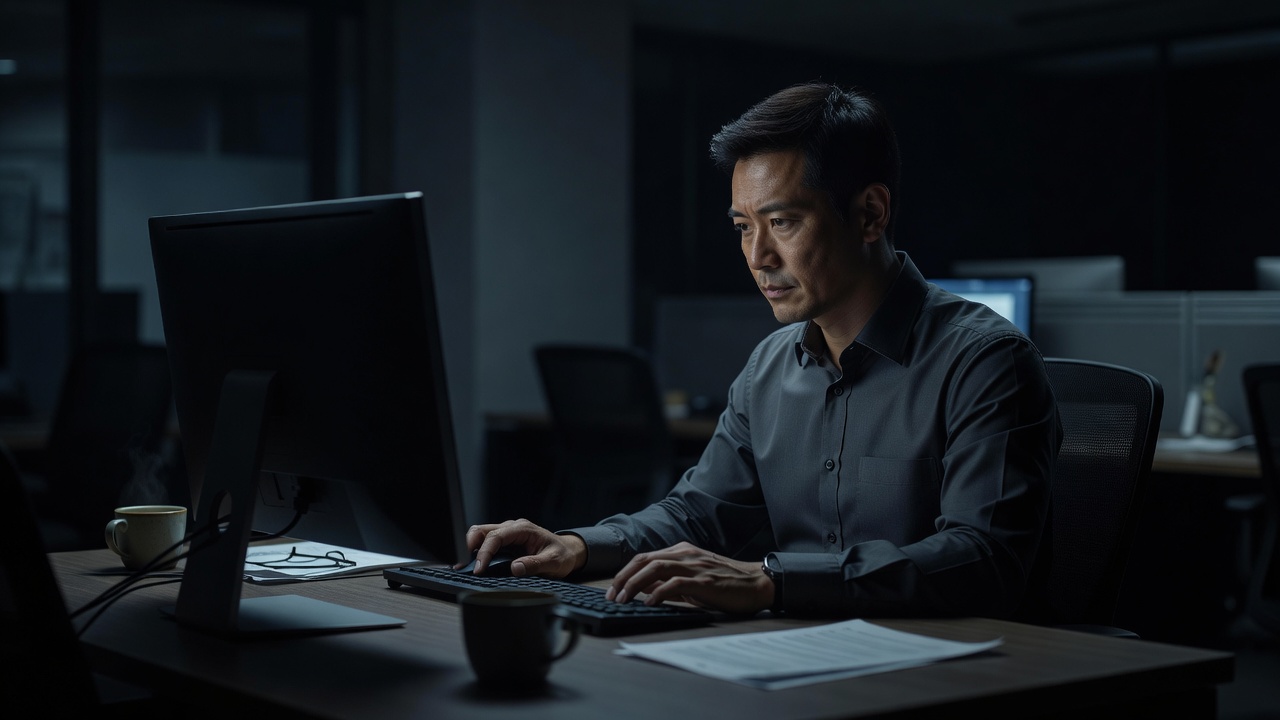 A professional working at a computer in a dimly lit office