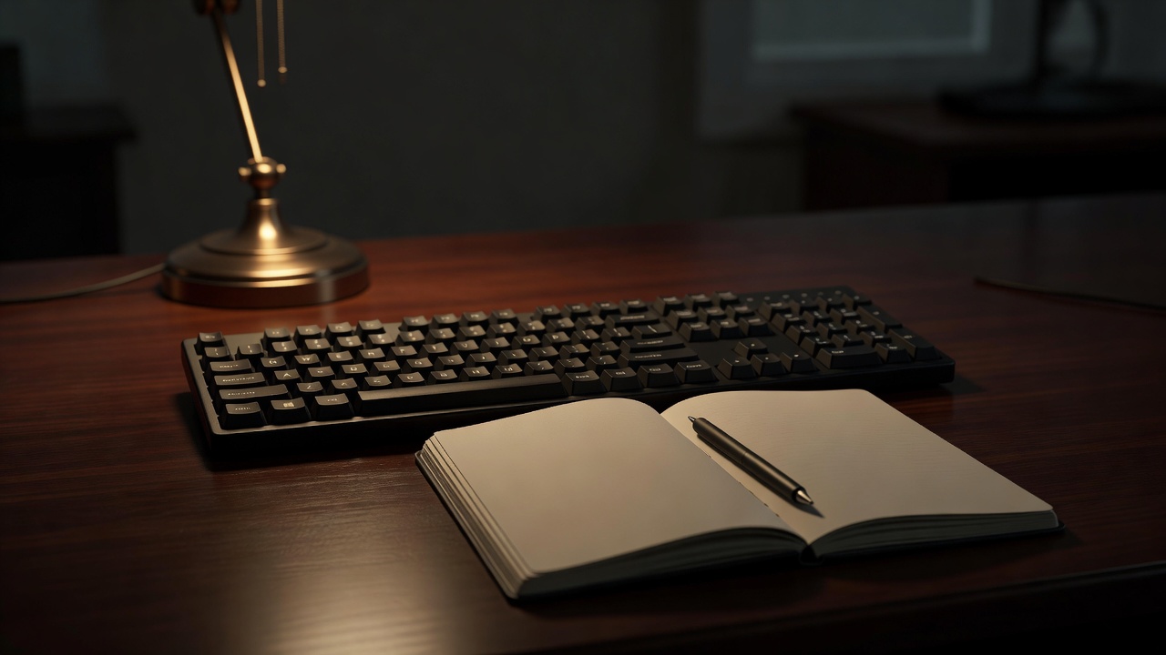 A quiet desktop with a keyboard and an open notebook in low light