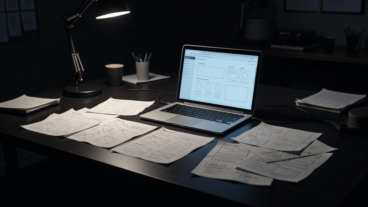 Paper page layouts and a laptop arranged on a dark website-planning desk
